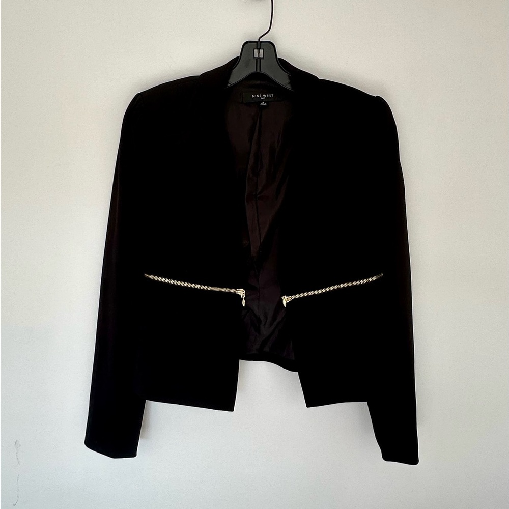 Nine West black blazer with gold detail zippers at waist line size 4